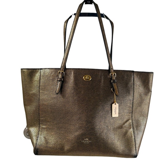 Coach Handbags - Coach Metallic Gold Pebble Leather Turnlock Tote